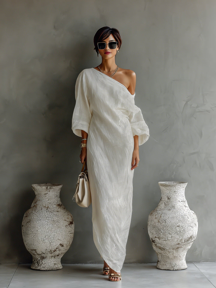Women's Cotton-Linen One-Shoulder Maxi Dress