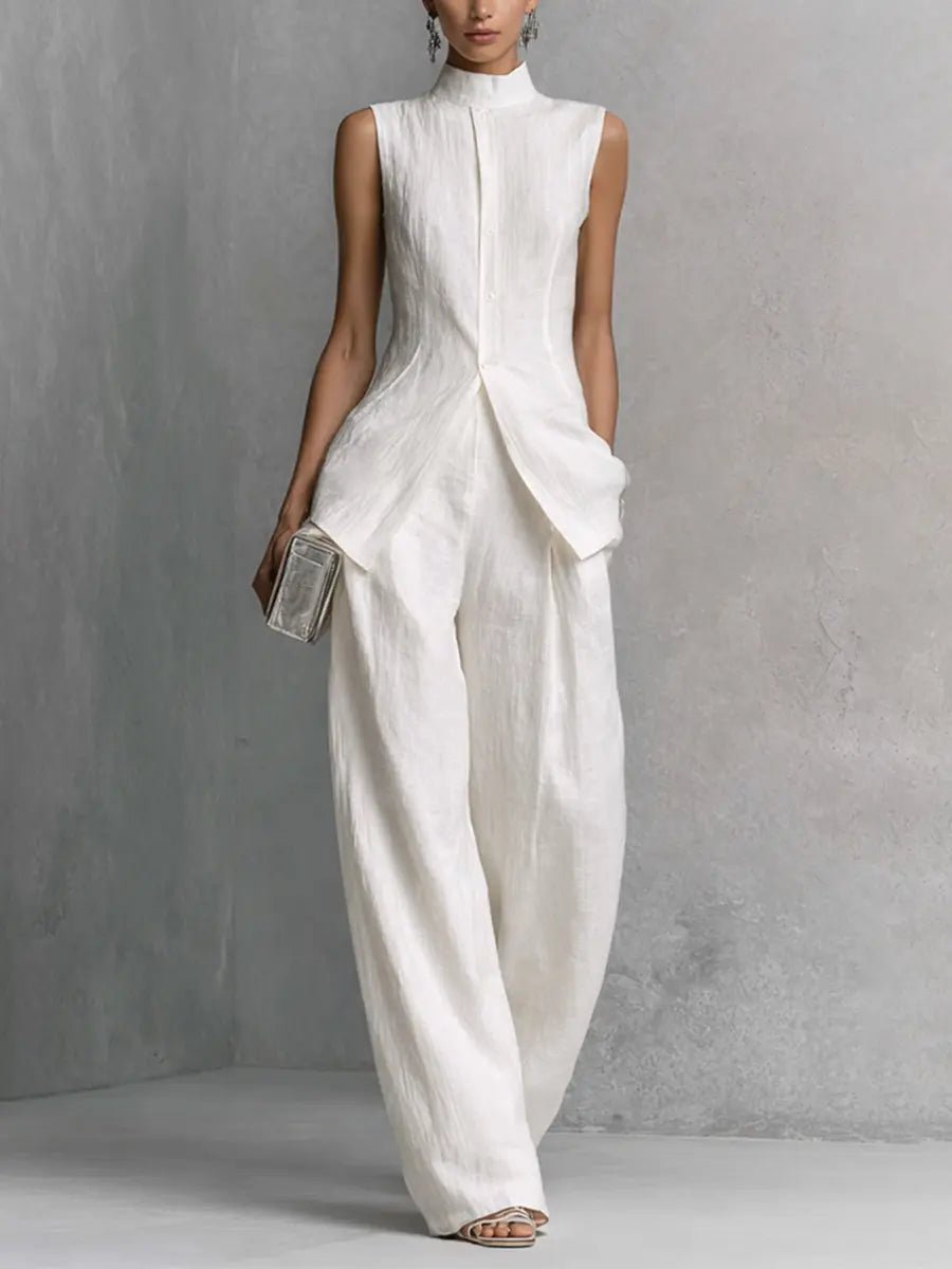 Women's Cotton Linen Stand Collar Wide-Leg Pants Set - White