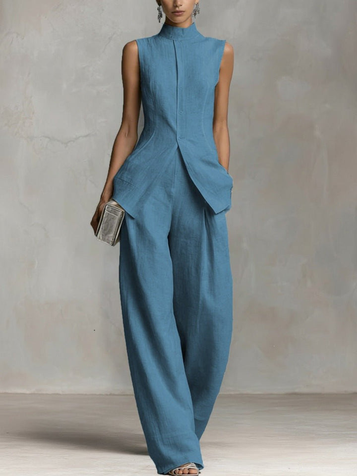 Women's Cotton Linen Stand Collar Wide-Leg Pants Set - Lake Blue