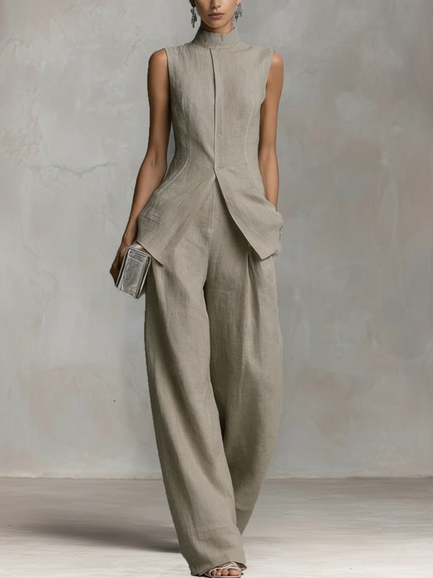 Women's Cotton Linen Stand Collar Wide-Leg Pants Set - Grey