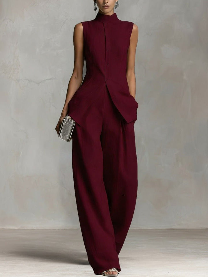 Women's Cotton Linen Stand Collar Wide-Leg Pants Set - Burgundy