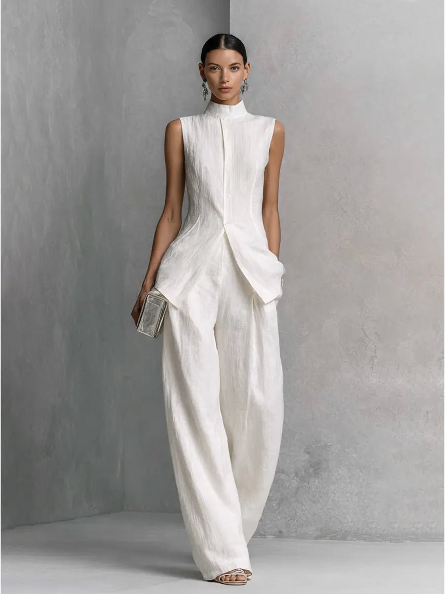 Women's Cotton Linen Stand Collar Wide-Leg Pants Set