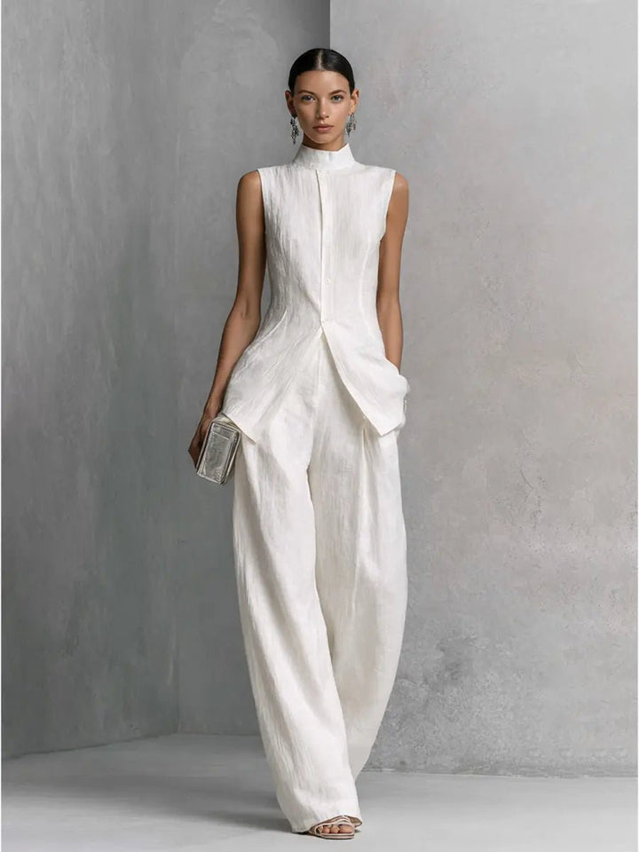 Women's Cotton Linen Stand Collar Wide-Leg Pants Set