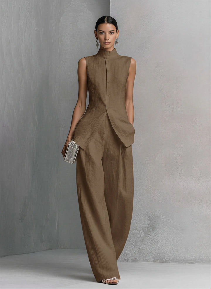 Women's Cotton Linen Stand Collar Wide-Leg Pants Set - Khaki