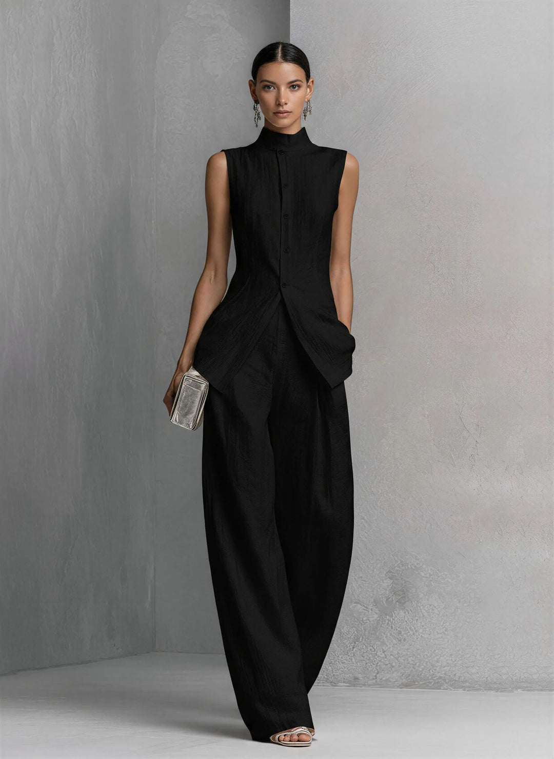 Women's Cotton Linen Stand Collar Wide-Leg Pants Set - Black