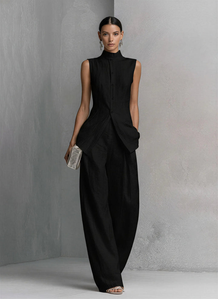 Women's Cotton Linen Stand Collar Wide-Leg Pants Set - Black