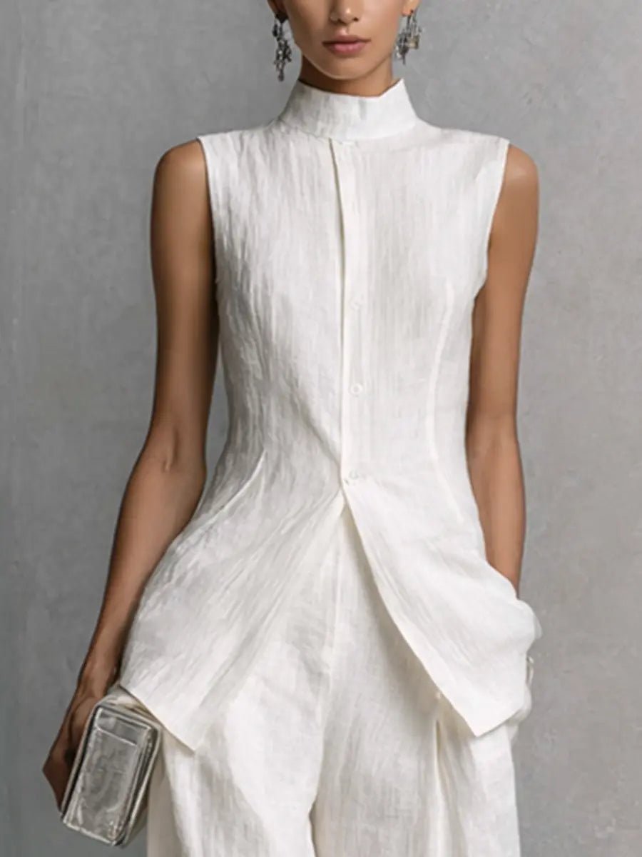 Women's Cotton Linen Stand Collar Wide-Leg Pants Set