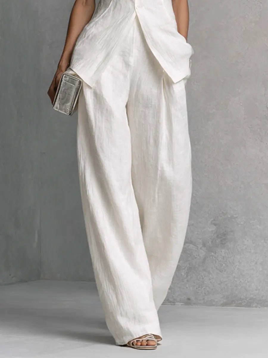 Women's Cotton Linen Stand Collar Wide-Leg Pants Set