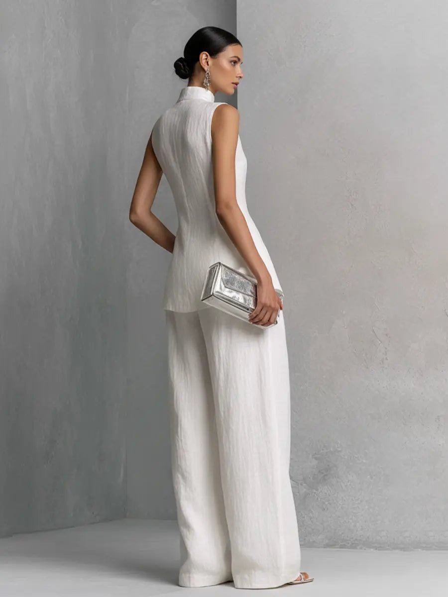 Women's Cotton Linen Stand Collar Wide-Leg Pants Set