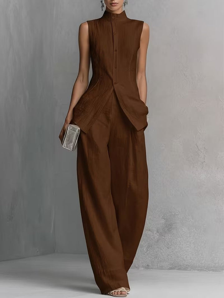 Women's Cotton Linen Stand Collar Wide-Leg Pants Set - Brown