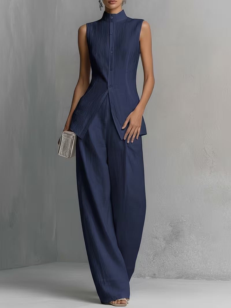 Women's Cotton Linen Stand Collar Wide-Leg Pants Set - Dark Blue