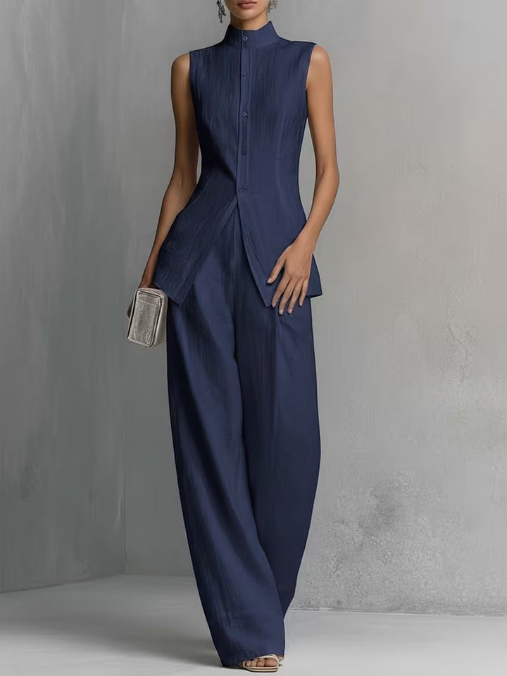 Women's Cotton Linen Stand Collar Wide-Leg Pants Set - Dark Blue