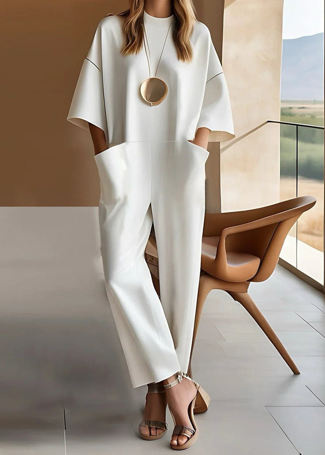 Women's Crew Neck Drop-Shoulder Wide-Leg Jumpsuit - White