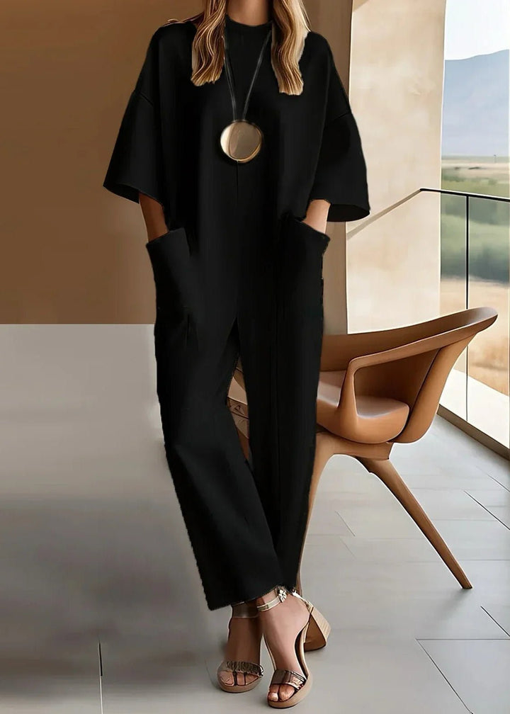Women's Crew Neck Drop-Shoulder Wide-Leg Jumpsuit - Black
