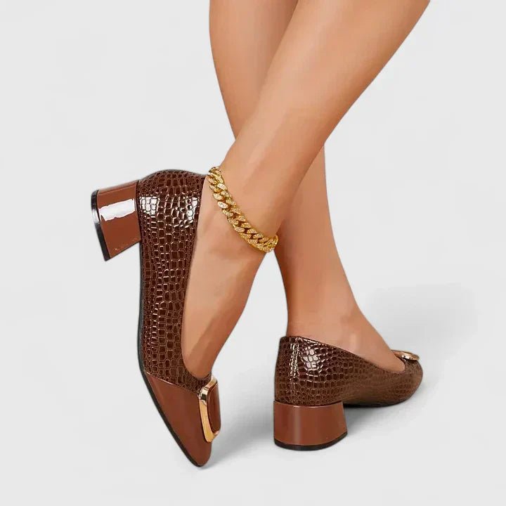 Women's Croc-Embossed Chain-Detail Block-Heel Loafers - Brown
