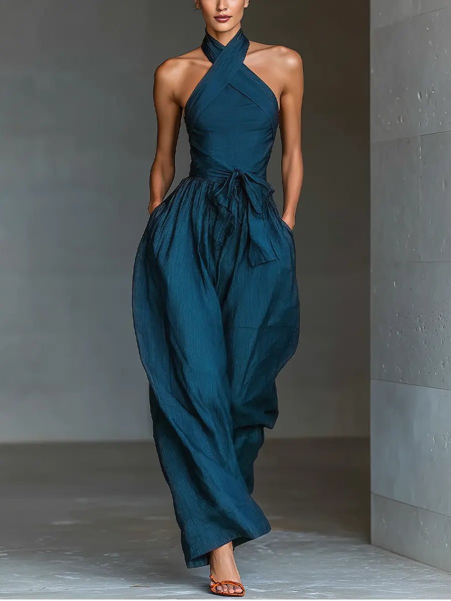 Women's Cross Halter Wide-Leg Linen Jumpsuit - Navy blue