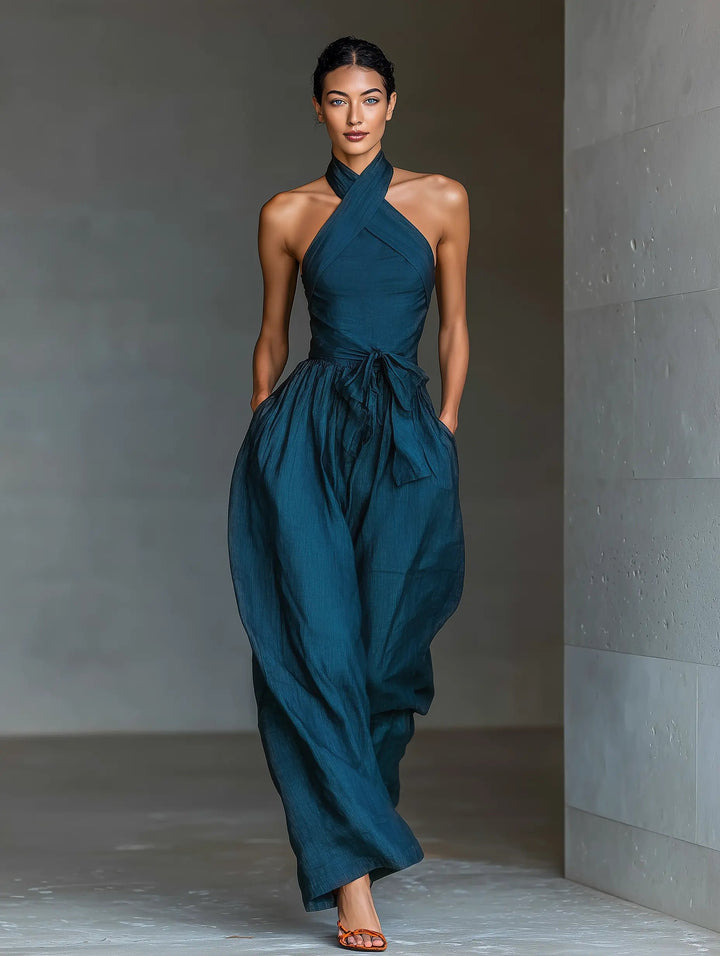 Women's Cross Halter Wide-Leg Linen Jumpsuit
