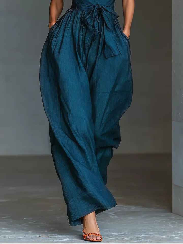 Women's Cross Halter Wide-Leg Linen Jumpsuit