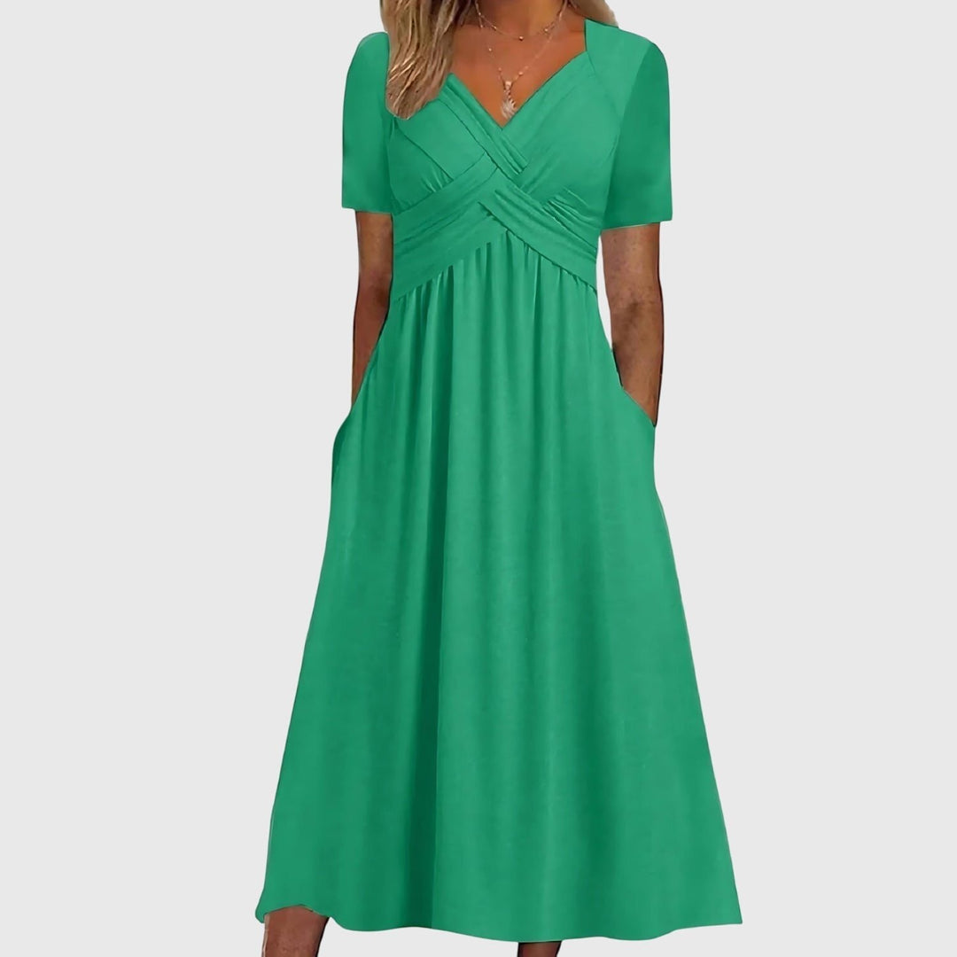 Women's Crossover V-Neck Short-Sleeve Midi Dress - Green