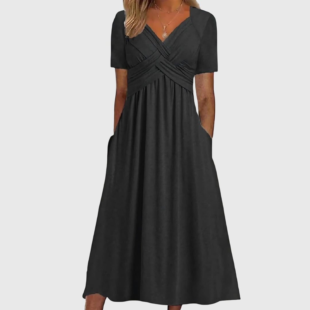 Women's Crossover V-Neck Short-Sleeve Midi Dress - Black