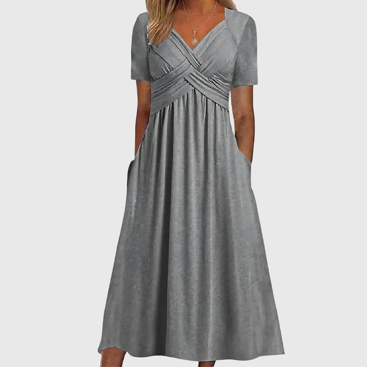 Women's Crossover V-Neck Short-Sleeve Midi Dress - Gray