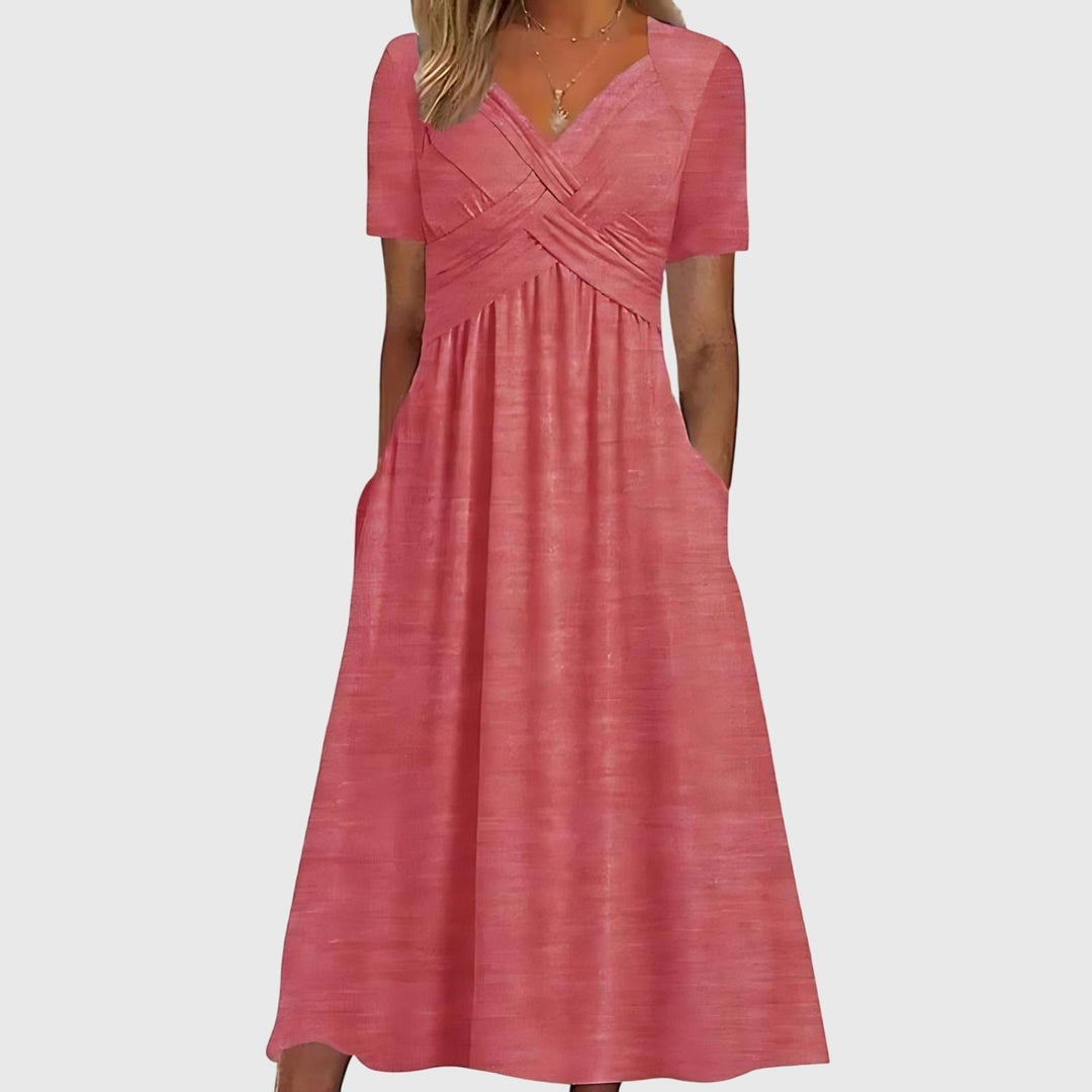 Women's Crossover V-Neck Short-Sleeve Midi Dress - Pink
