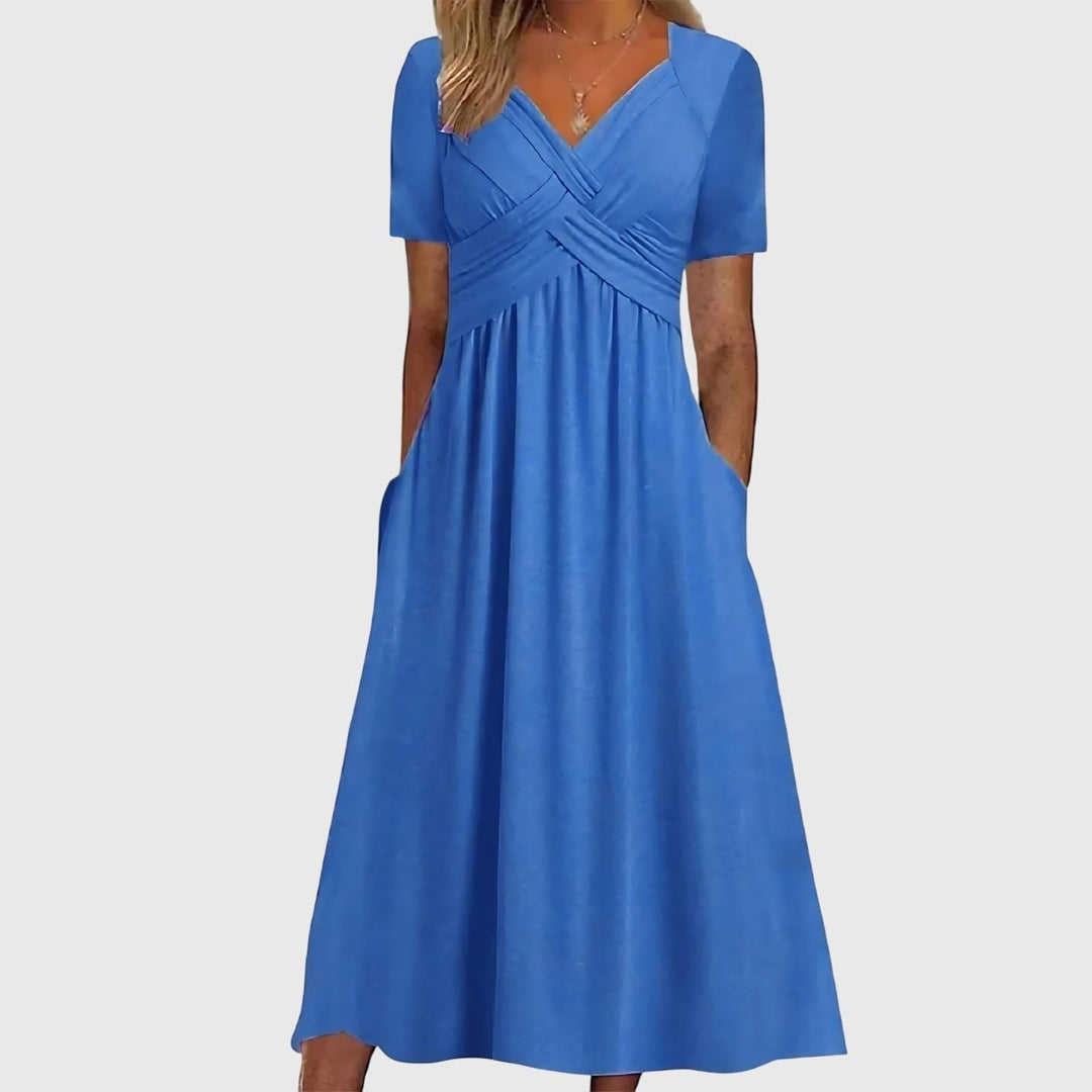 Women's Crossover V-Neck Short-Sleeve Midi Dress - Blue
