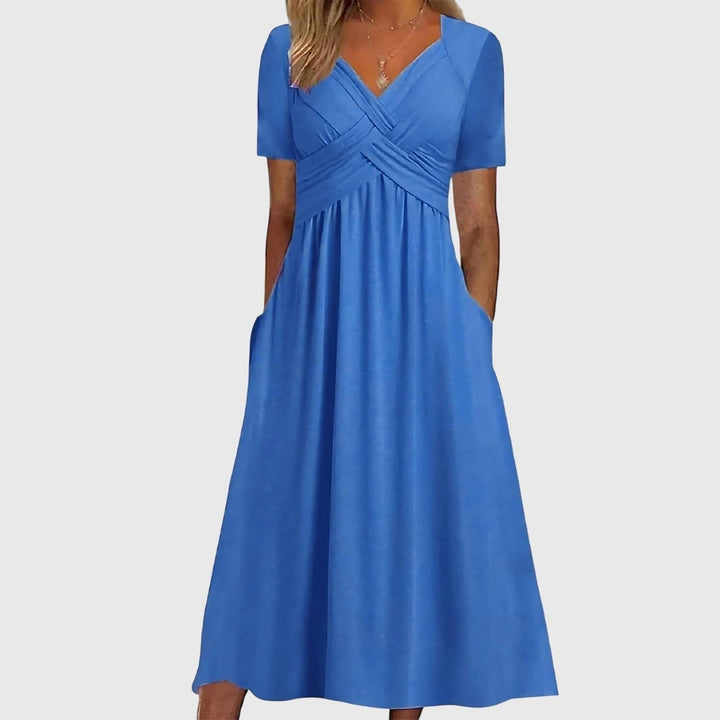 Women's Crossover V-Neck Short-Sleeve Midi Dress - Blue