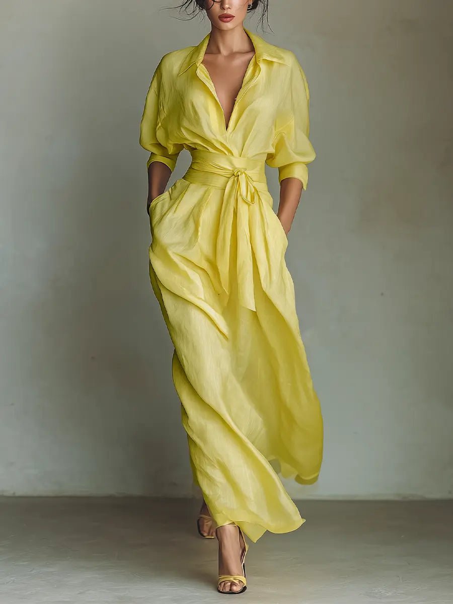 Women's Deep V-Neck Linen Half-Sleeve Maxi Shirt Dress - Yellow