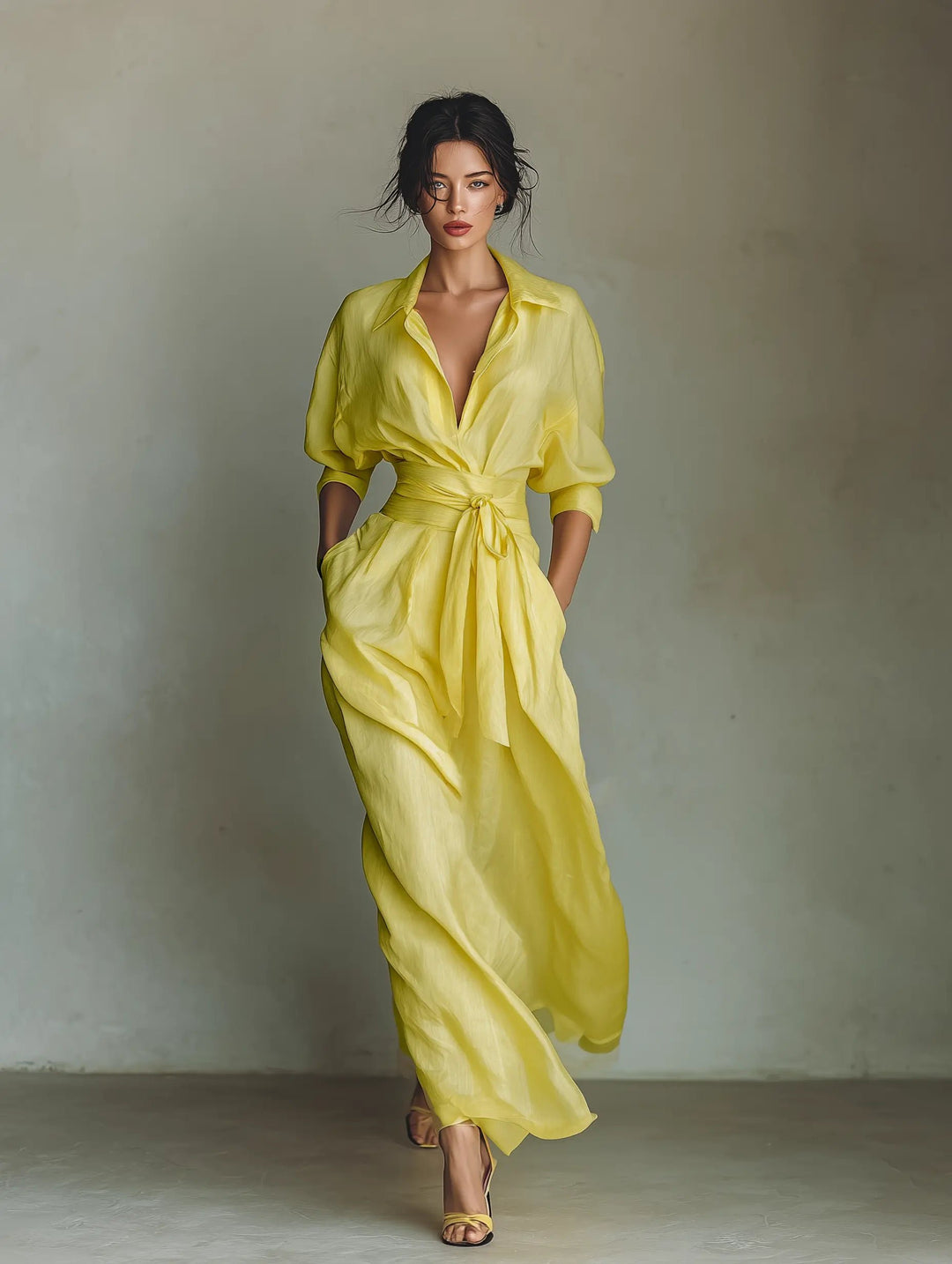 Women's Deep V-Neck Linen Half-Sleeve Maxi Shirt Dress