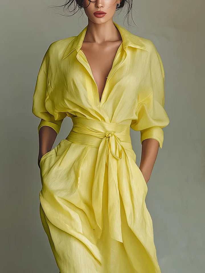 Women's Deep V-Neck Linen Half-Sleeve Maxi Shirt Dress