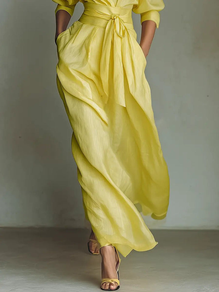 Women's Deep V-Neck Linen Half-Sleeve Maxi Shirt Dress