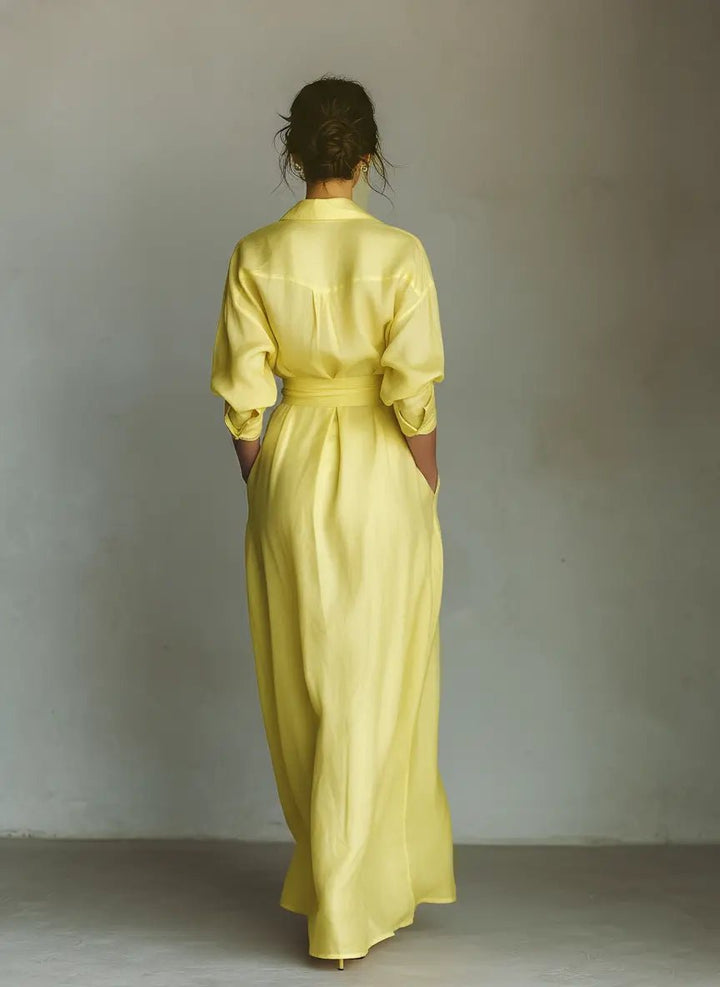 Women's Deep V-Neck Linen Half-Sleeve Maxi Shirt Dress