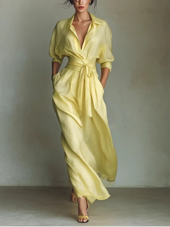 Women's Deep V-Neck Linen Half-Sleeve Maxi Shirt Dress