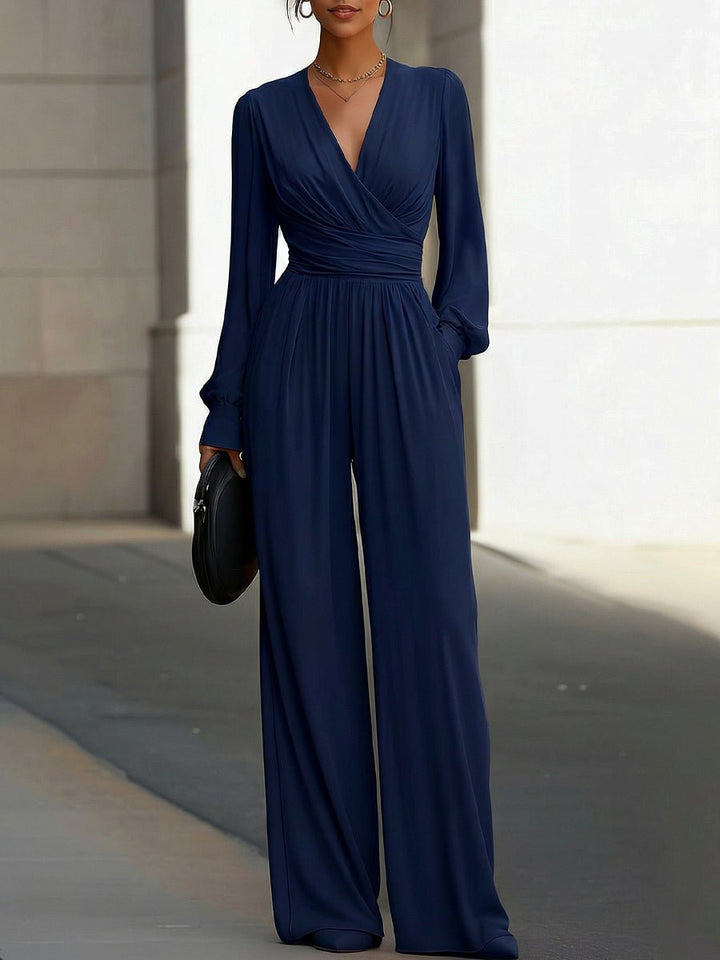 Women's Deep V-Neck Long Sleeve Wide-Leg Jumpsuit - Navy Blue