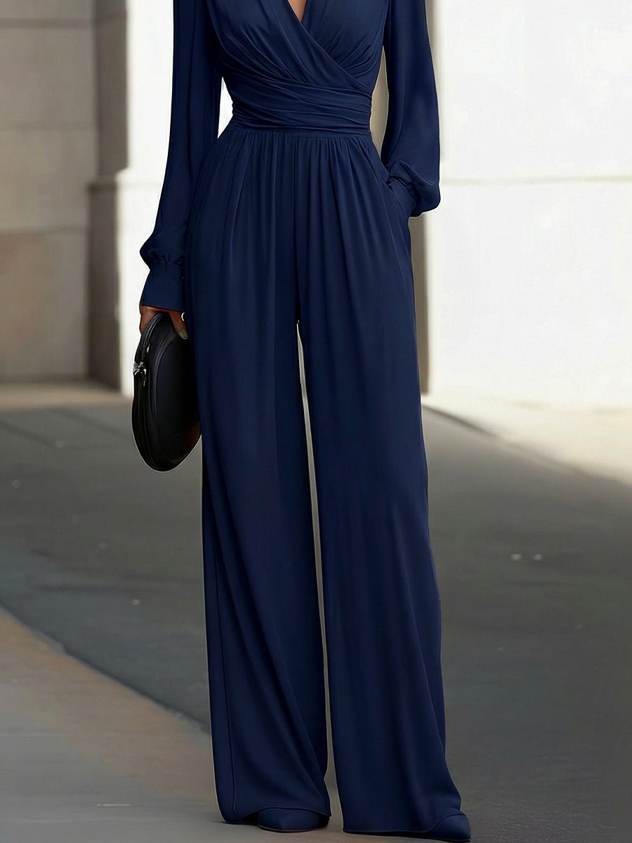 Women's Deep V-Neck Long Sleeve Wide-Leg Jumpsuit