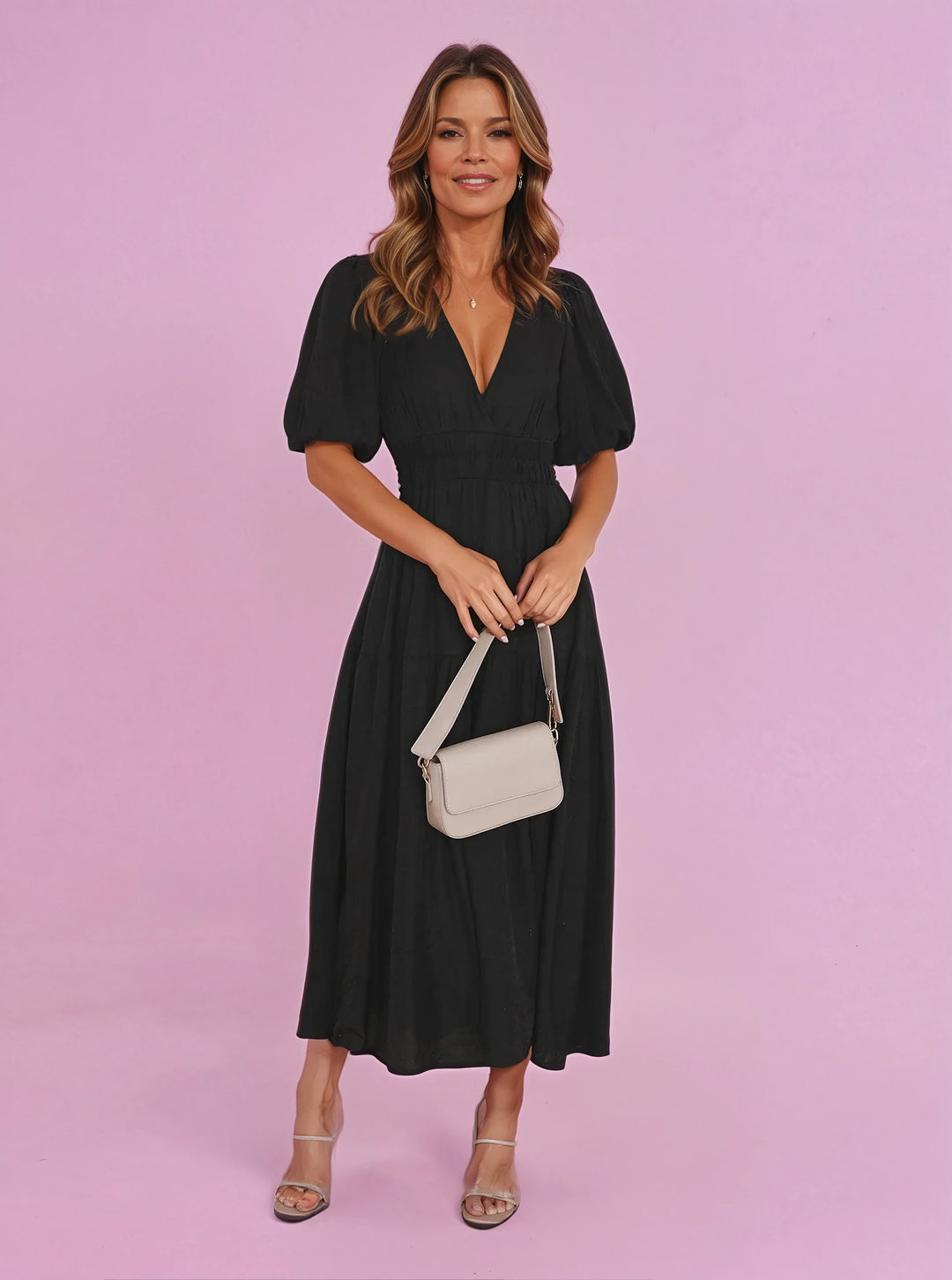 Women's Deep V-Neck Puff Sleeve Smocked Waist Midi Dress