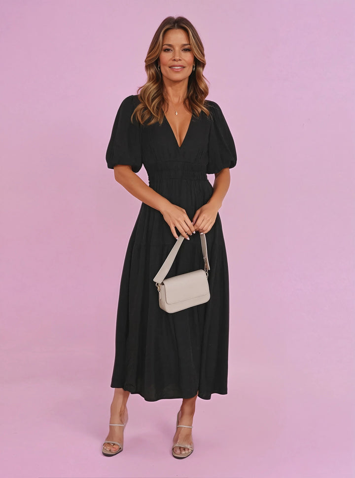 Women's Deep V-Neck Puff Sleeve Smocked Waist Midi Dress