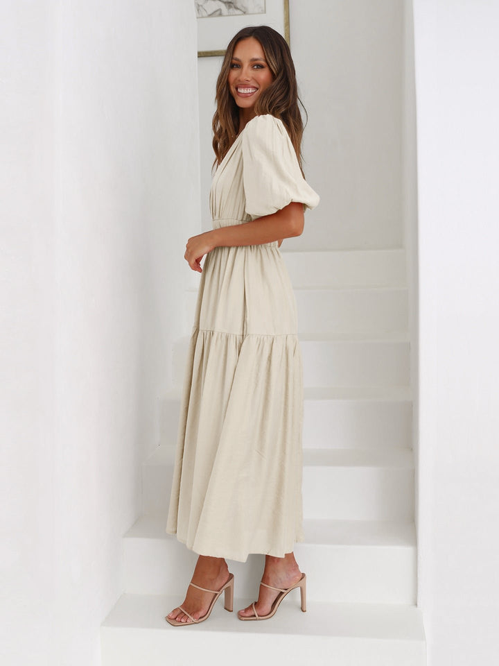 Women's Deep V-Neck Puff Sleeve Smocked Waist Midi Dress