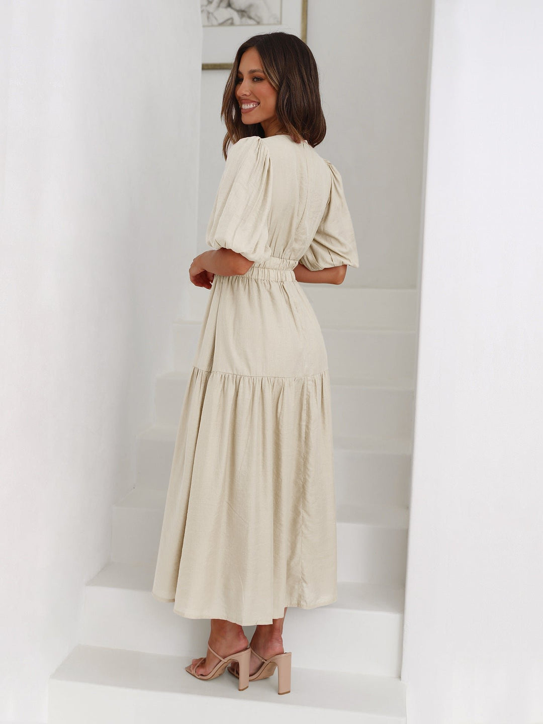 Women's Deep V-Neck Puff Sleeve Smocked Waist Midi Dress