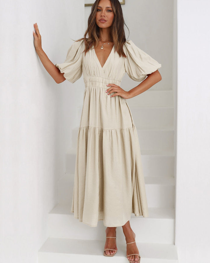Women's Deep V-Neck Puff Sleeve Smocked Waist Midi Dress - Cream