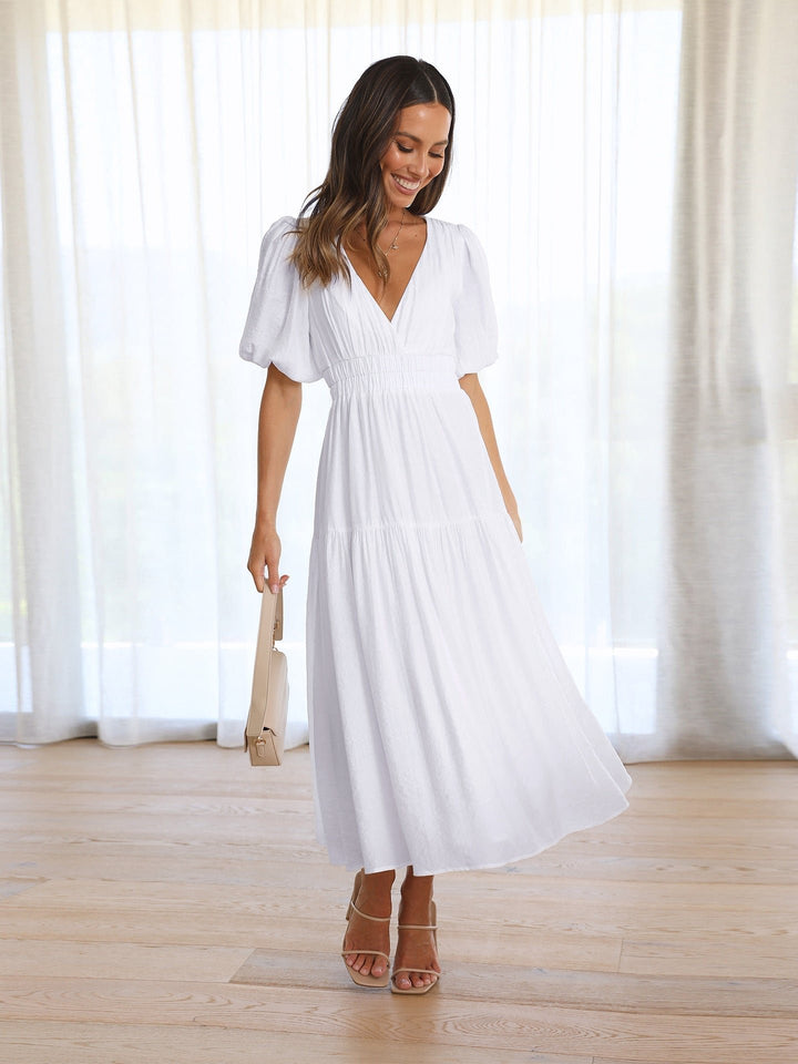 Women's Deep V-Neck Puff Sleeve Smocked Waist Midi Dress - White
