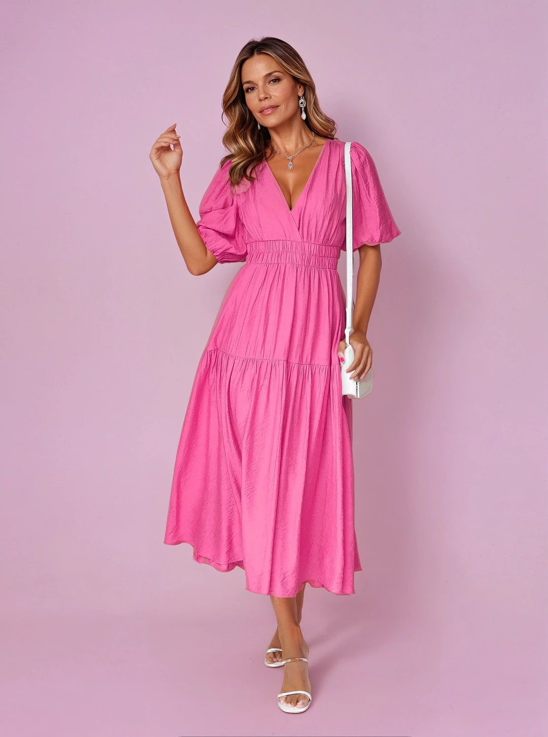 Women's Deep V-Neck Puff Sleeve Smocked Waist Midi Dress