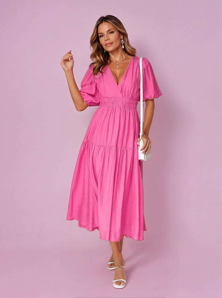 Women's Deep V-Neck Puff Sleeve Smocked Waist Midi Dress