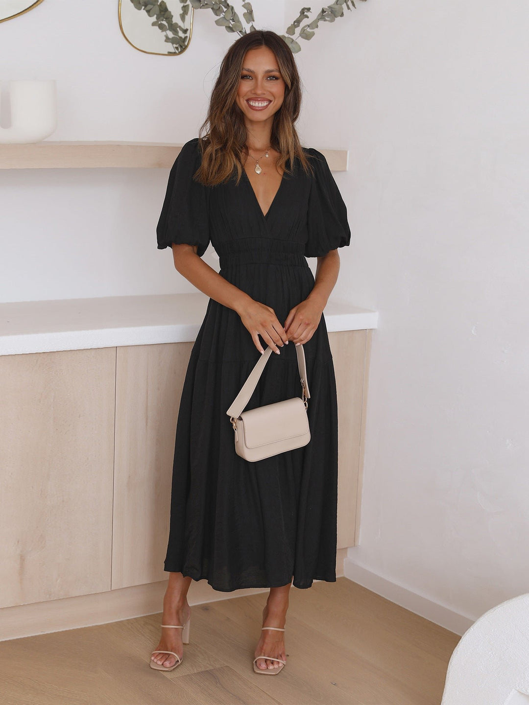 Women's Deep V-Neck Puff Sleeve Smocked Waist Midi Dress - Black