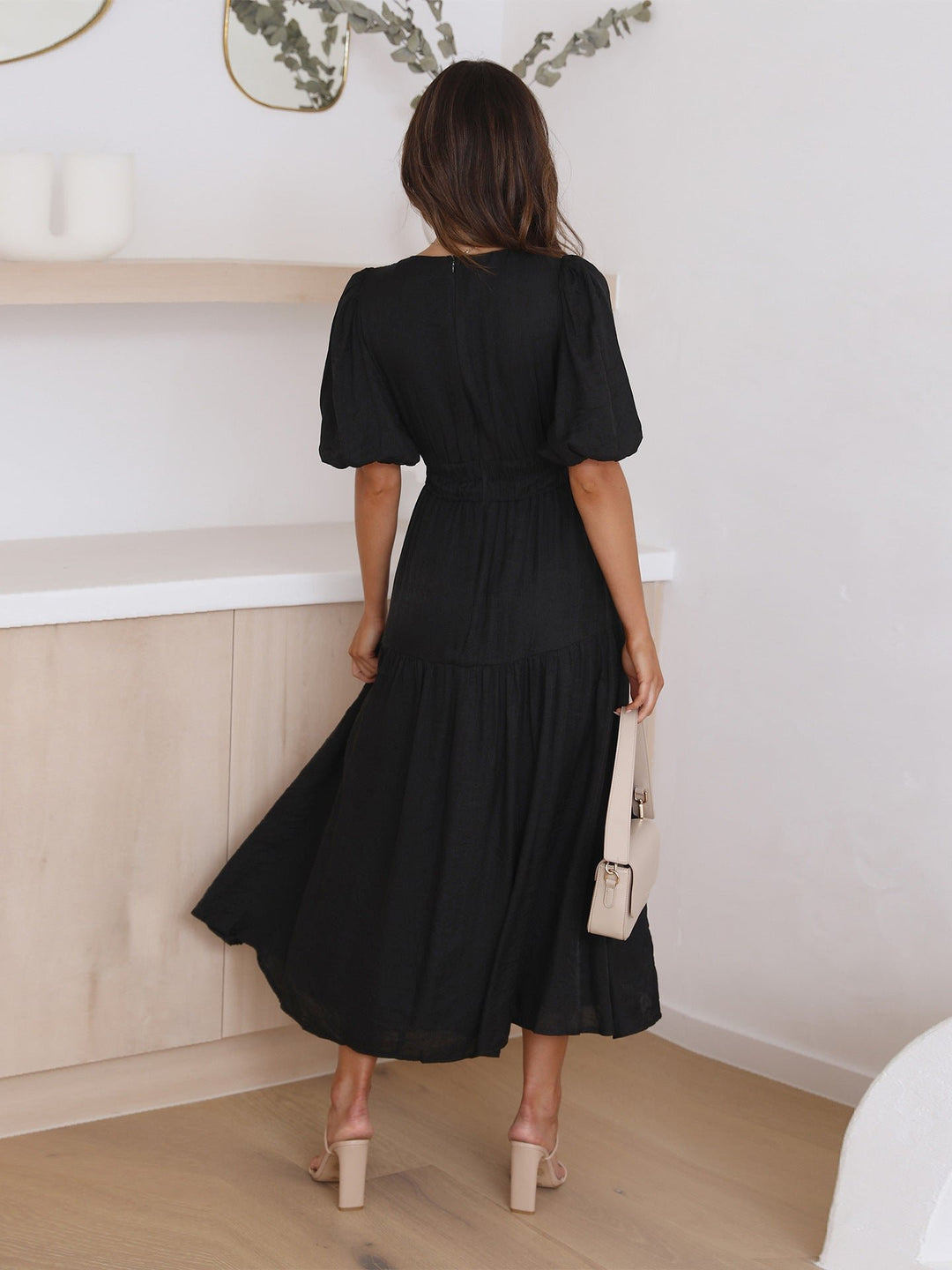 Women's Deep V-Neck Puff Sleeve Smocked Waist Midi Dress