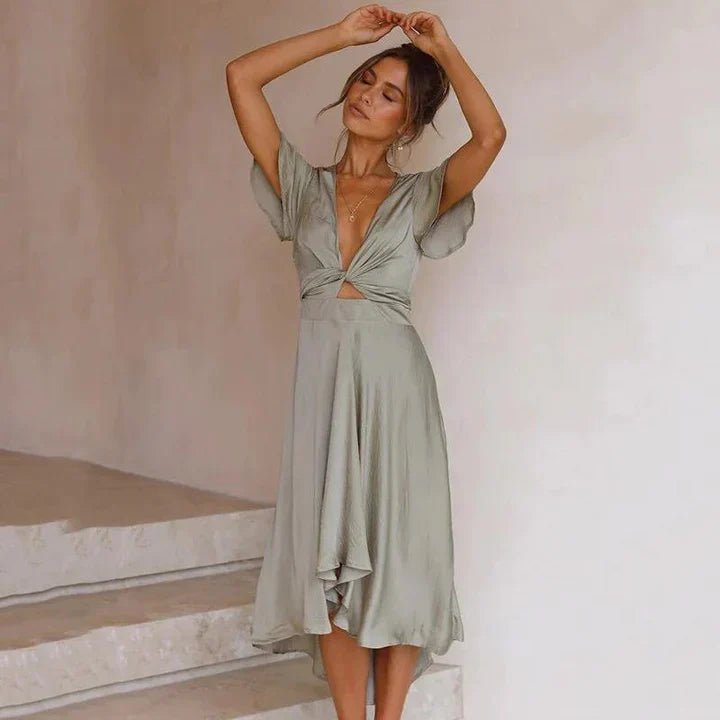 Women's Deep V-Neck Satin Midi Dress Flutter Sleeve Tie-Front - Olive