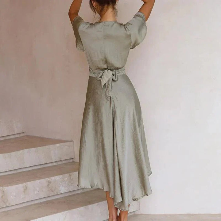 Women's Deep V-Neck Satin Midi Dress Flutter Sleeve Tie-Front