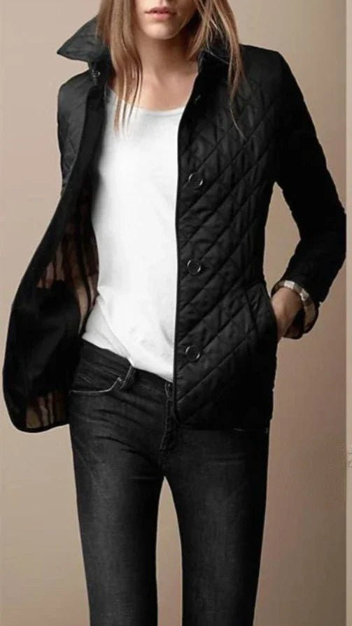 Women's Diamond-Quilted Button-Through Tailored Outerwear Jacket - Black