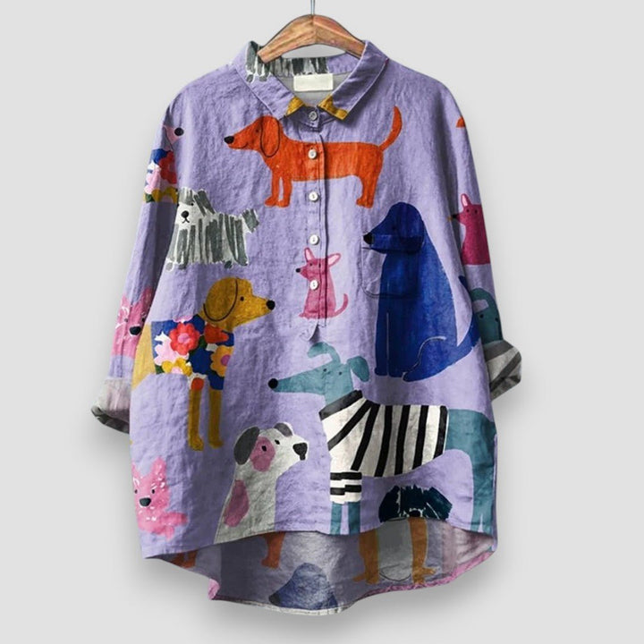 Women's Dog Print Long Sleeve Collared Button Shirt - Purple
